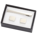 Squared 2 Tone Silver Metal Cufflinks w/ Matching Tie Clip